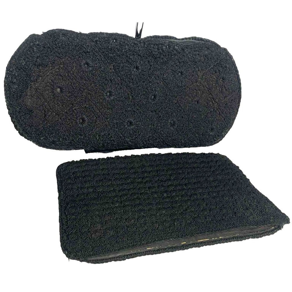 Vintage Set of 2 Large Clutch‎ Black Woven Handbags w/Celluloid Pull Unbranded